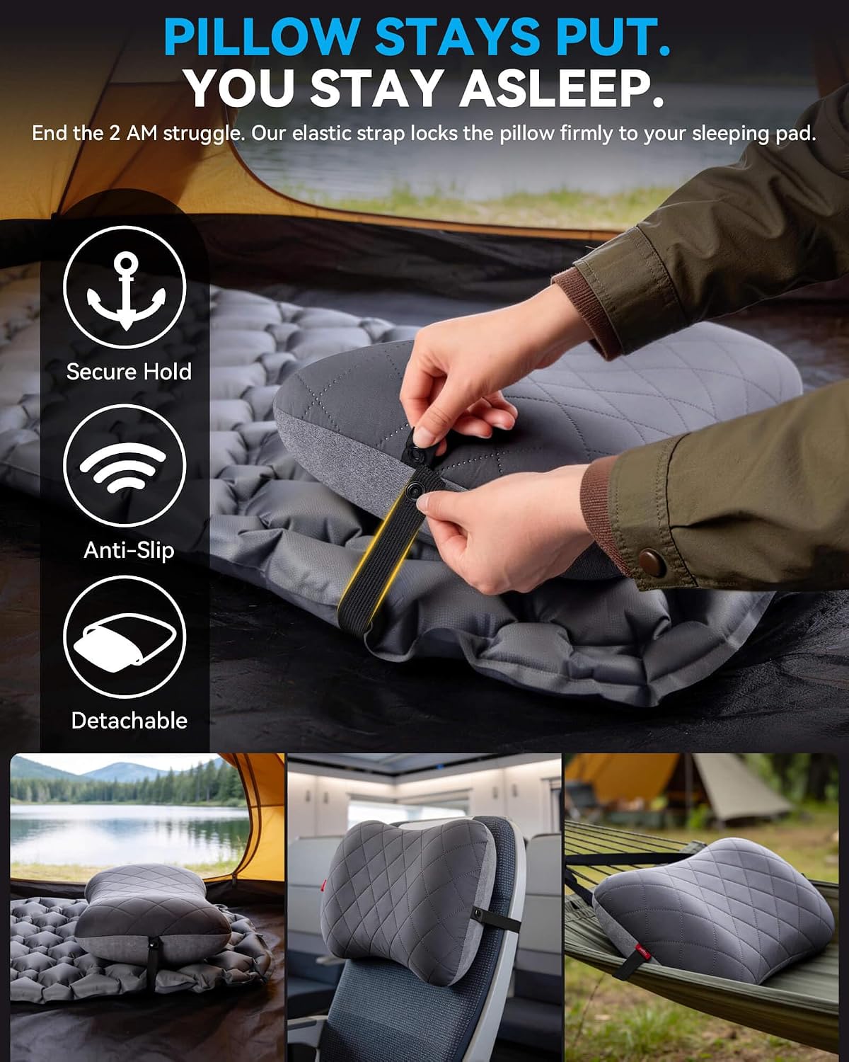 Hikenture Camping Pillow with Removable Cover, Ultralight Inflatable Pillow Ergonomic Neck Lumber Support, Upgrade Leakproof Backpacking Pillow, Portable Packable for Hiking, Beach, Travel
