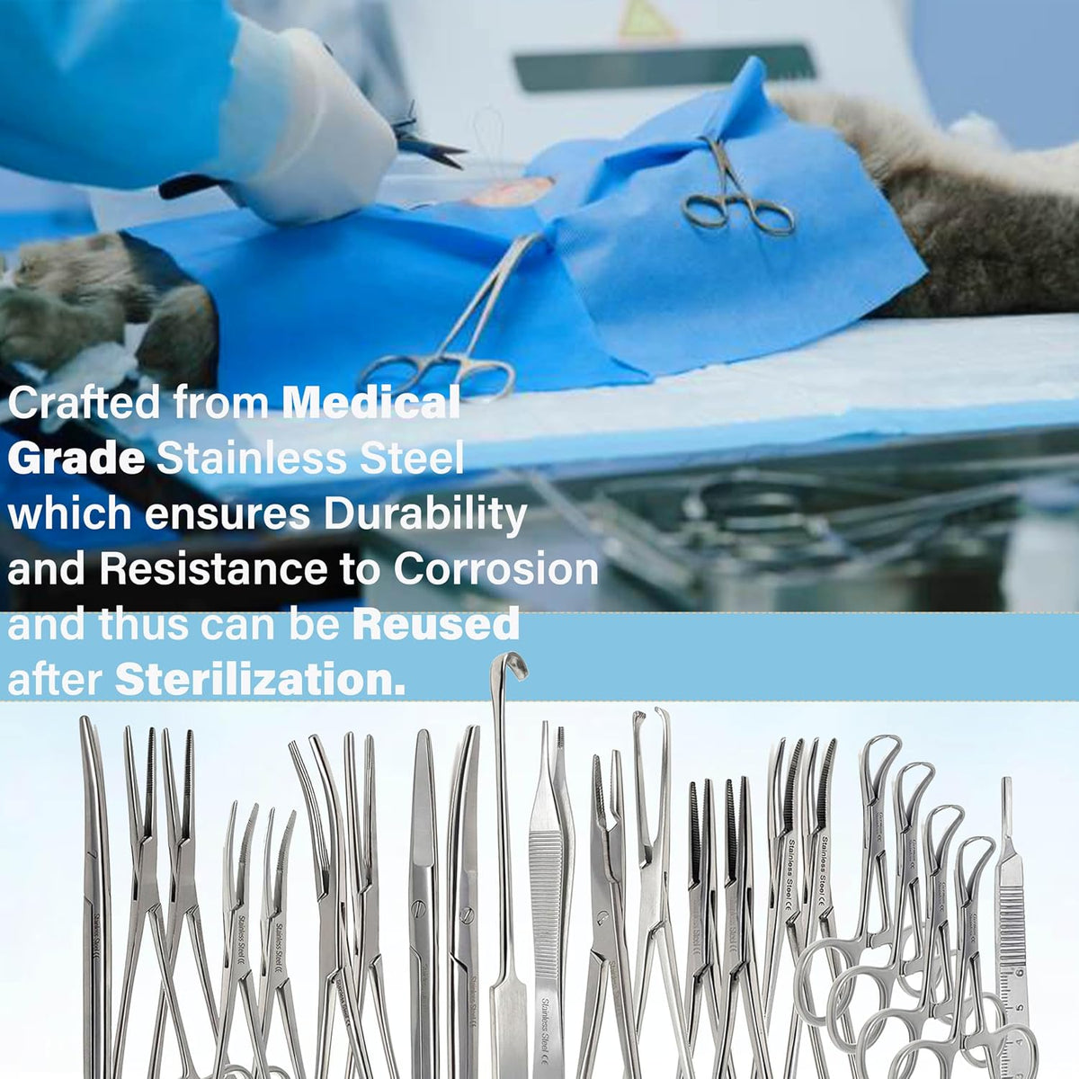 A2Z Stainless Steel 22 Pcs Veterinary Instruments Set Includes Kelly Forceps Mosquito Hemostats Carmalt Rochester Backhaus Towel Clamps Mayo Metzenbaum Scissors Multipurpose Spay Pack Kit-All in ONE