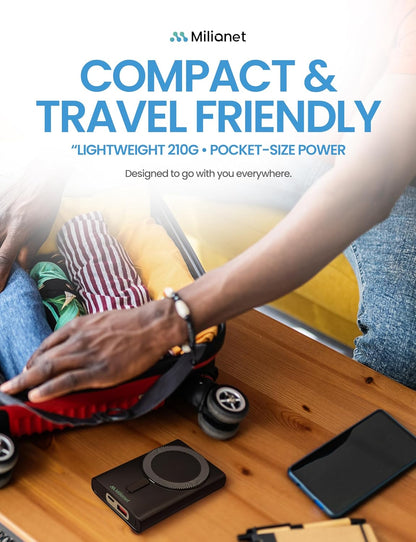 Magnetic Power Bank with Built-in Stand for iPhone | 10000mAh MagSafe-Compatible Wireless Charger, 15W Fast Charging, USB-C PD, 3-in-1 Cable