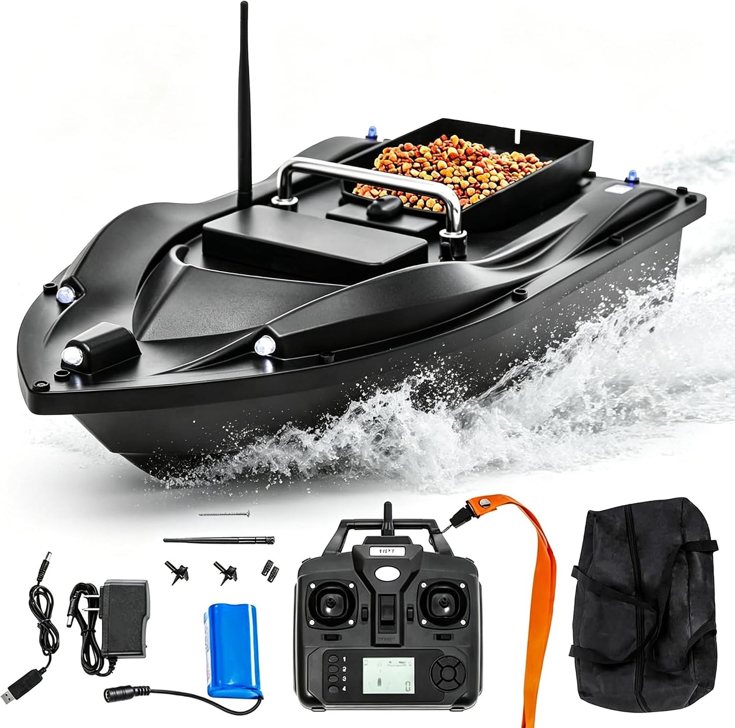Poggyyi RC Fishing Bait Boat with GPS Positioning, 1968.5 ft Remote Control, 4.4 lb Loading Capacity, 5200mAh Rechargeable Battery, LED Night Lights, Carrying Bag
