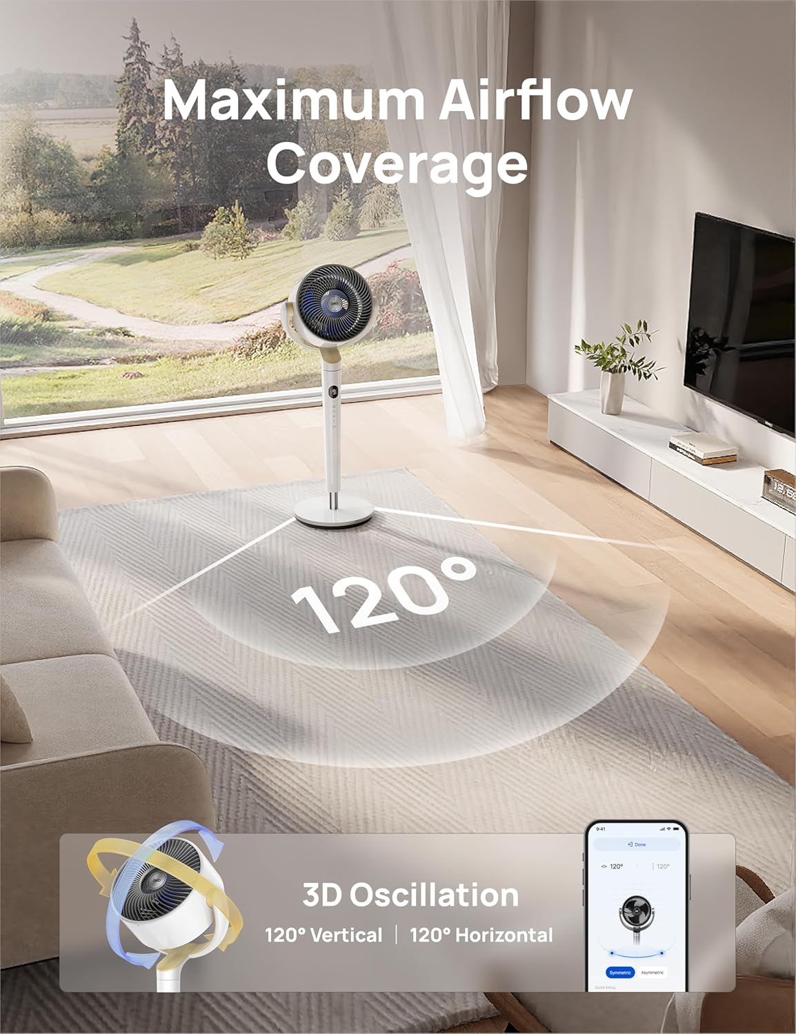 DREO Smart Fan for Bedroom, 120° +120° Omni-Directional Oscillating Fans, 100ft Quiet Pedestal Fan with RGB Light, 9 Speeds, 6 Modes, 8H Timer, Wi-Fi/Voice/Alexa, 35-40" Floor Fans with Remote