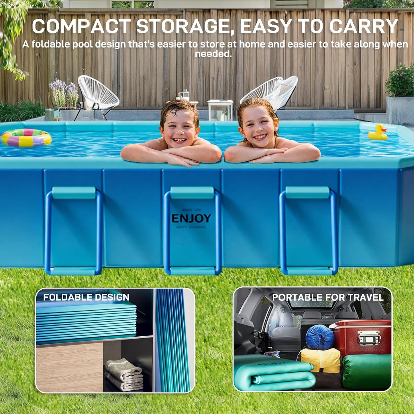 Foldable Swimming Pool, Non-Inflatable 116" x 65" x 20", Large Rectangular Above Ground Pool with 3 Drain Outlets, Portable Family Pool for Backyard & Garden, Blue
