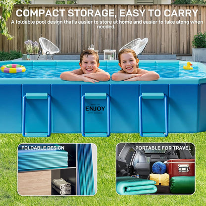 Foldable Swimming Pool, Non-Inflatable 116" x 65" x 20", Large Rectangular Above Ground Pool with 3 Drain Outlets, Portable Family Pool for Backyard & Garden, Blue