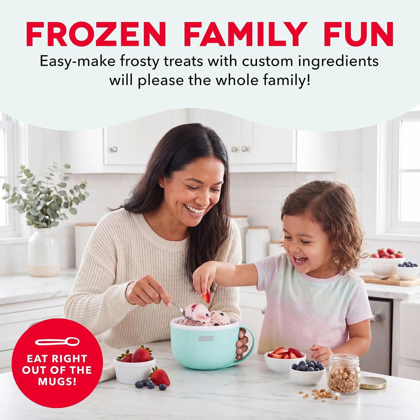 Dash My Mug Ice Cream Maker Bundle, 2 Half-Pint Freezer Mugs, Aqua Electric Soft Serve Ice Cream Machine Set, Ingredient Chute, Single Serve Freezer Bowls, Countertop Frozen Treat Maker
