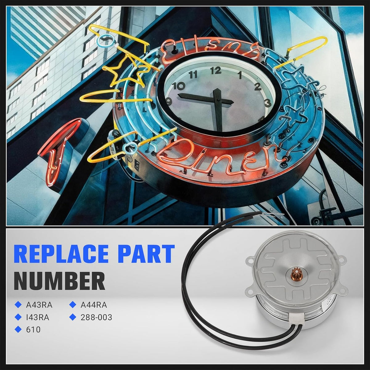A43RA/I43RA Synchron Clock Motor 110V Fit for C Style Hansen Movements, Haydon Glo-Dial E100-AH, Vintage Cleveland Neon Wall Clocks, CW 10T 1RPM 60HZ 3W, 4 Mount Tabs, Round Shape