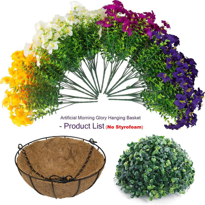 2 Set Artificial Outdoor Flowers with Hanging Baskets,24 Pcs UV Resistant Faux Petunias Flowers with Hanging Planter for Front Door Porch Spring Outside Decor (2, White,Yellow,Purple,RedViolet)