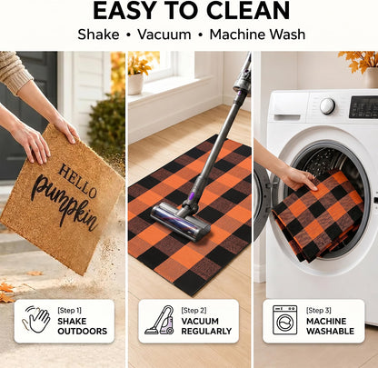 Homydecor Fall Decor Doormat Combo Set, 100% Coco Coir Welcome Mat with 3 x 5 Ft Orange & Black Plaid Rug, Autumn Thanksgiving Front Porch Entryway Decor, Hello Pumpkin