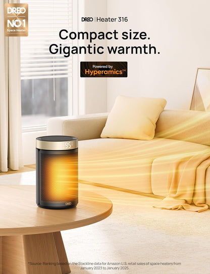 DREO Space Heater, Portable Electric Heaters for Indoor Use with Thermostat 2026 Upgraded, 34dB Quiet, 12H Timer, 5 Mode, Remote, 1500W PTC Ceramic Fast Safety Heat for Office Bedroom Home, Gold