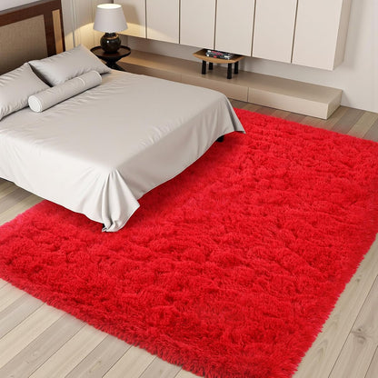 Red 8x10 Area Rugs for Living Room Bedroom, Soft Plush Fluffy Large Rug Shag Upgrade Non-Slip Thick Fuzzy Carpet for Nursery Room Dorm Room, Kids Girls and Boys Home Decor Indoor Home Aesthetic
