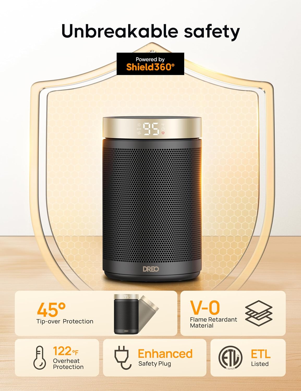 DREO Space Heater, Portable Electric Heaters for Indoor Use with Thermostat 2026 Upgraded, 34dB Quiet, 12H Timer, 5 Mode, Remote, 1500W PTC Ceramic Fast Safety Heat for Office Bedroom Home, Gold