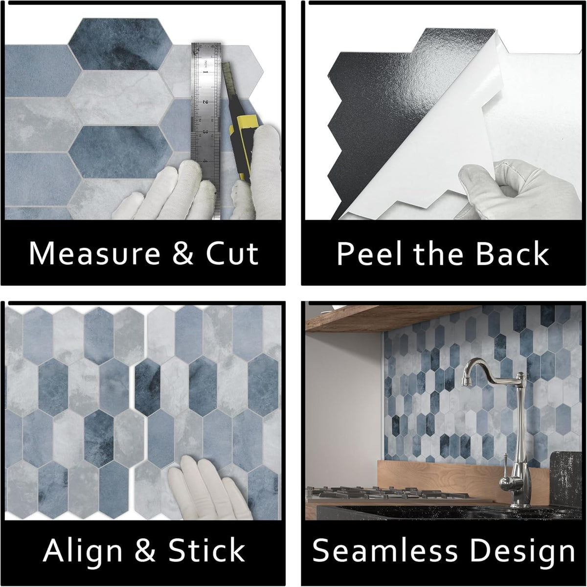 The Tiles Plaza 10-Sheet Peel and Stick Backsplash, 12" x 11.5" Blue Cement Long Hexagon Self-Adhesive Wall Tile, Stone Composite Stick On Decorative Mosaic Tile for Kitchen Bathroom Fireplace