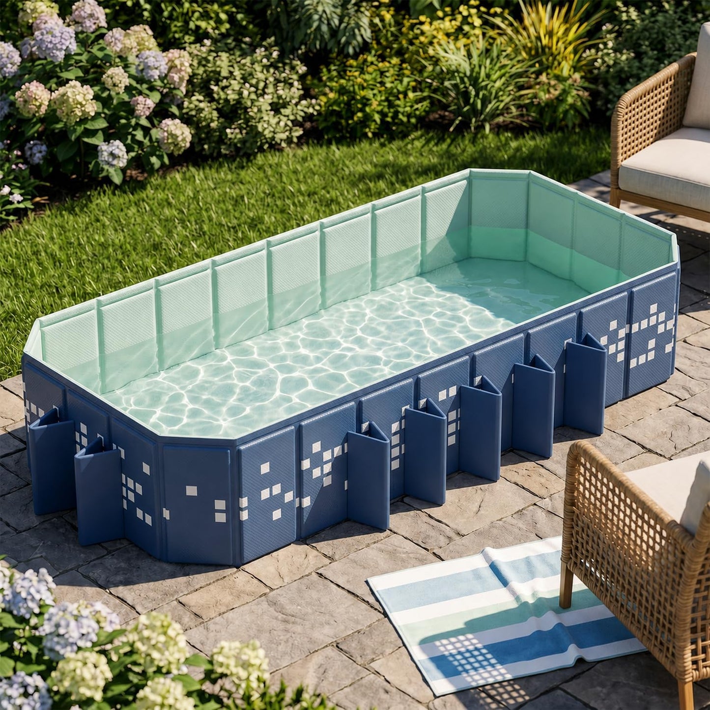 Large Foldable Swimming Pool 87 x 53 x 20 Inch, Non-Inflatable Rectangular Pool with Mosaic Design, Anti-Slip Portable Pool for Kids and Adults, Backyard Outdoor Pool