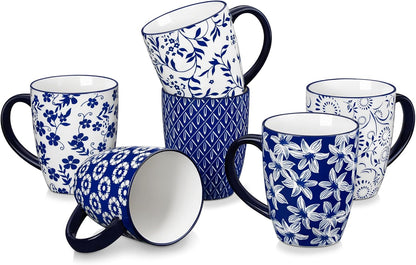vancasso SELENE Large Coffee Mugs Set of 6, 16 Oz Porcelain Coffee Cups with Handle, Ceramic Tea Cup for Cappuccino, Latte, Tea, Cocoa, Dishwasher & Microwave Safe Gift Sets, Vintage Blue