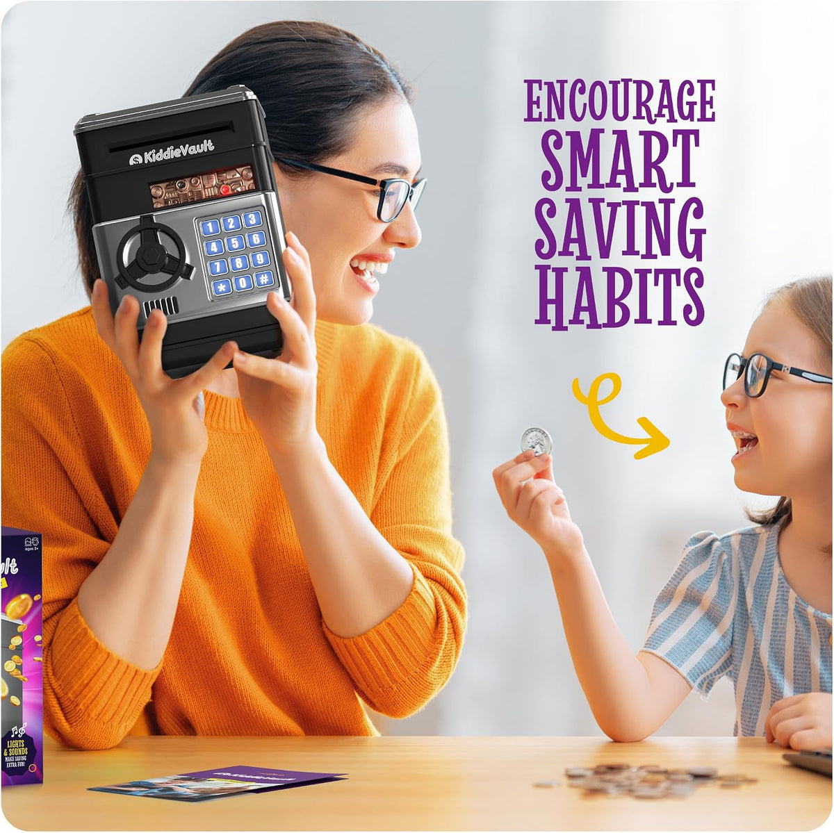Imagineers KiddieVault Electronic Piggy Bank for Kids, Money Saving Box with Secret Passcode, Automatic Bill Feeder, Lights & Sounds, ATM Safe Toy, Black & Silver