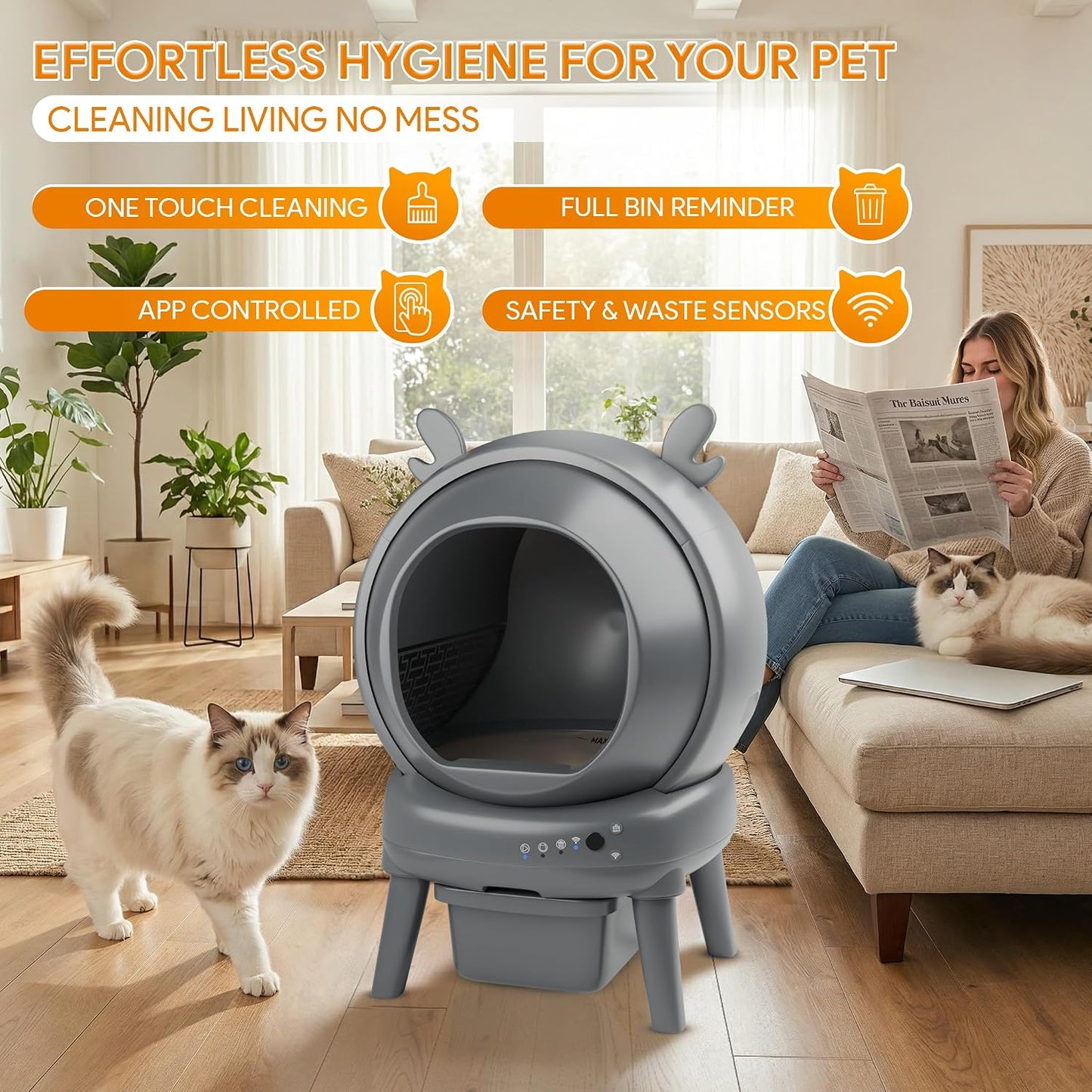 Automatic Cat Litter Box with App Control - Automatic Litter Box Self Cleaning for Multiple Cats, Health Tracking & Weight Sensor, Ultra Quiet, Odor Control, Large Capacity, Dark Grey