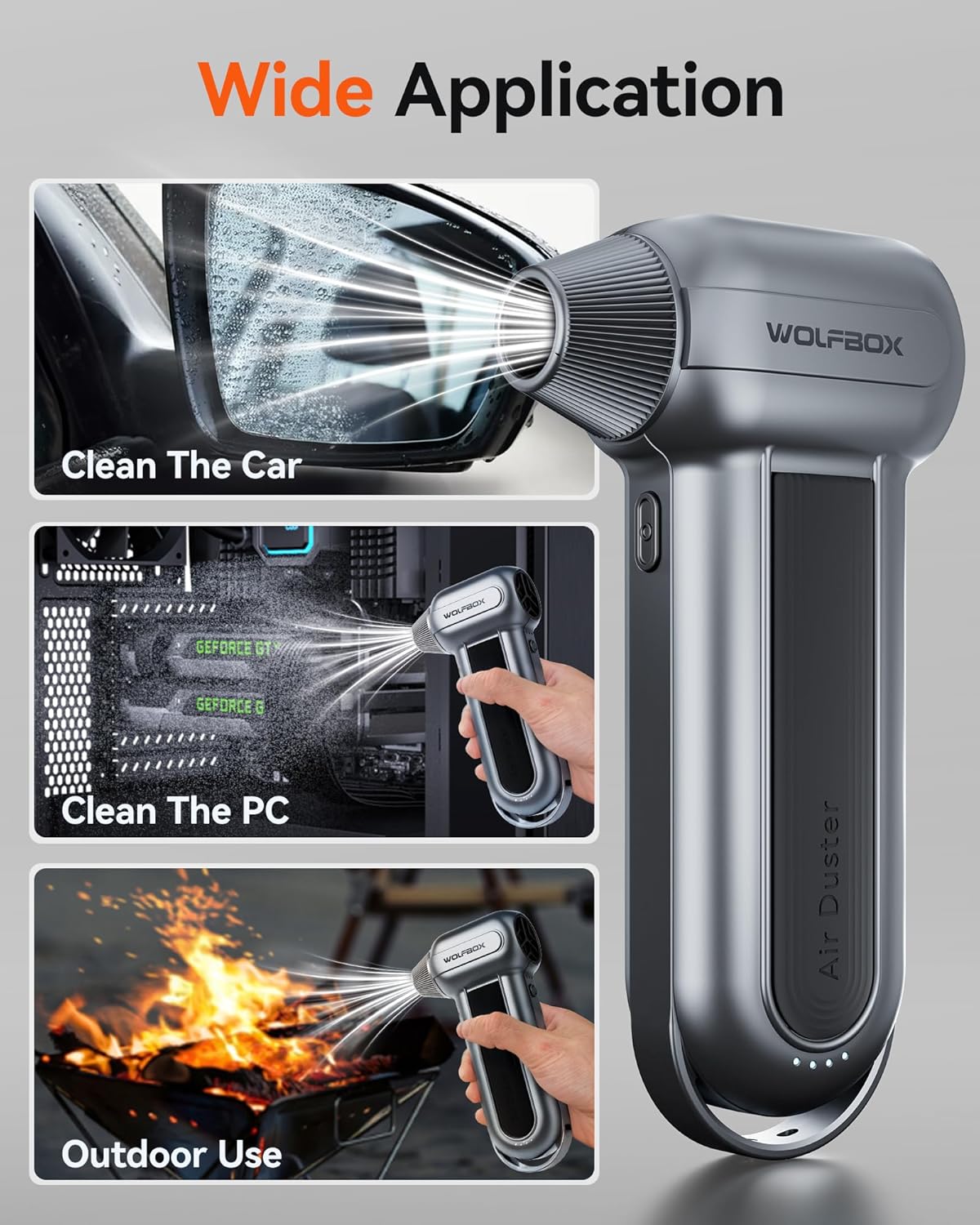 WOLFBOX MF100 Compressed Air Duster, 150000RPM Turbo Fan, 45 m/s Airflow 3-Gear Adjustable Speed, Type-C Fast Charging, Lightweight 0.66 lb, 5 Nozzles & 2 Brushes, For Computer Keyboard Car Outdoor