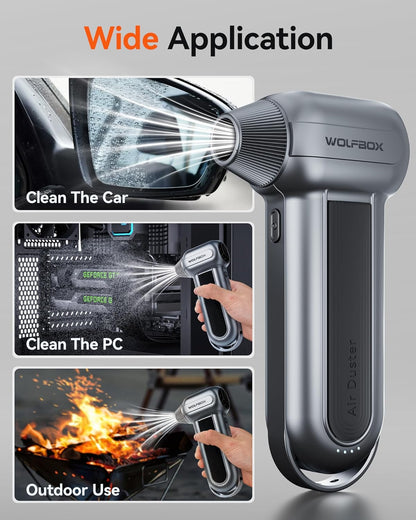 WOLFBOX MF100 Compressed Air Duster, 150000RPM Turbo Fan, 45 m/s Airflow 3-Gear Adjustable Speed, Type-C Fast Charging, Lightweight 0.66 lb, 5 Nozzles & 2 Brushes, For Computer Keyboard Car Outdoor