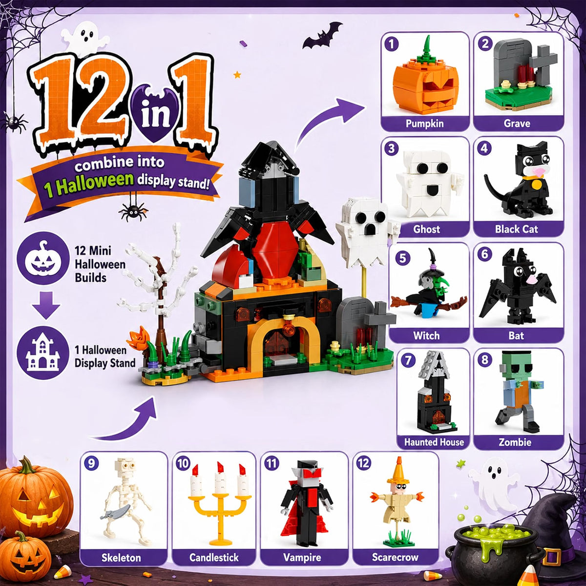 Cleboen Halloween Building Blocks Blind Eggs, 12-in-1 Haunted House Mini Building Block Sets, Surprise Eggs Party Favors for Kids Ages 6-12, Halloween Toys & Goodie Bag Stuffers