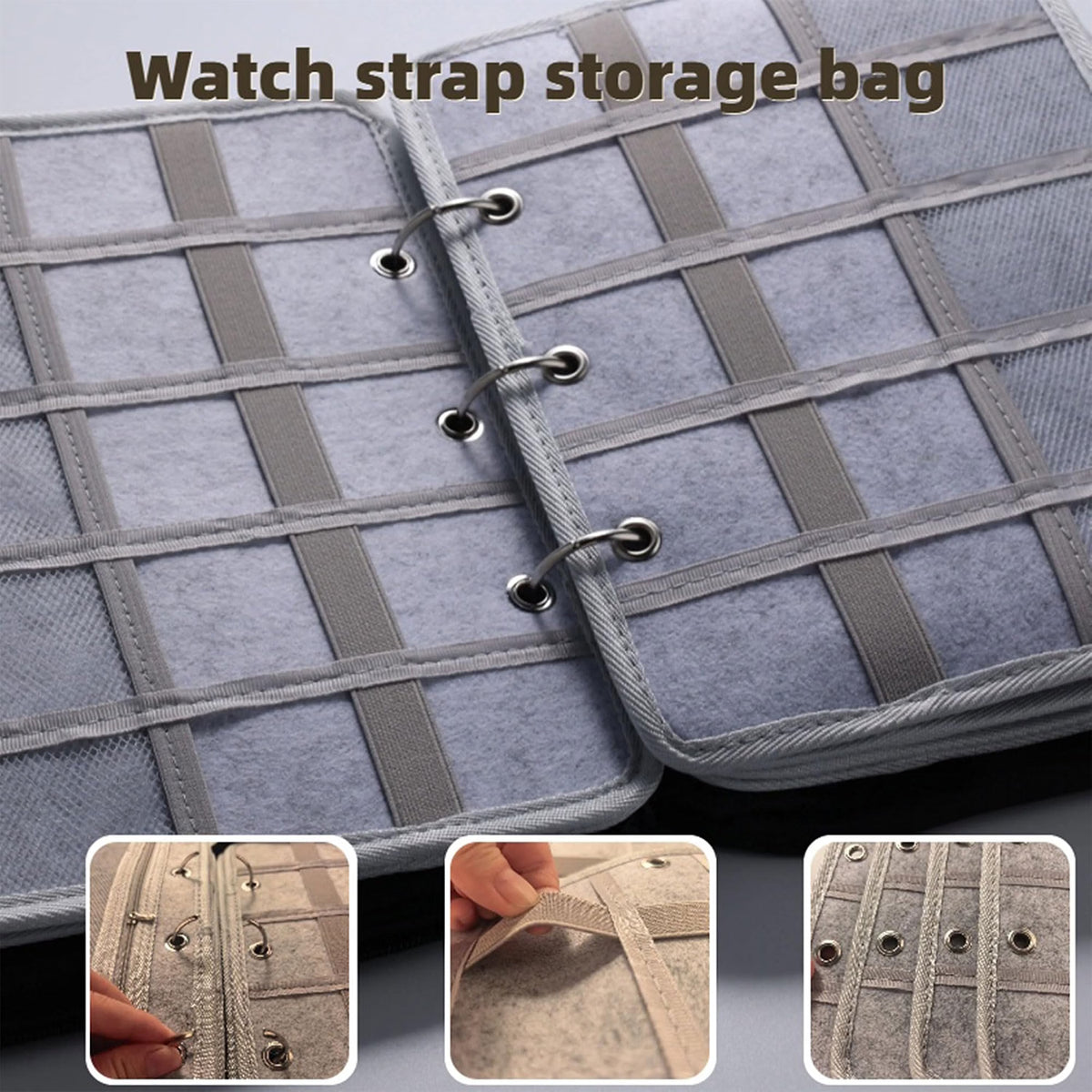 50-Slot Felt Watch Band Organizer Binder, Zippered Watch Strap Storage Case with 5 Double-Sided Pages, Mesh Accessory Pockets, Portable Travel Organizer, Gray