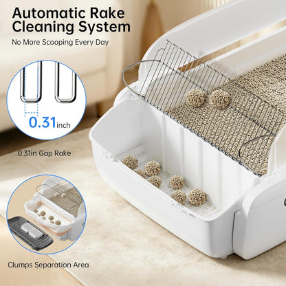 Self Cleaning Cat Litter Box, Open Top Automatic Litter Box, App Control Anti-Pinch Safety Sensors, 6.5L Waste Drawer with Odor Control, 20 Waste Bags, Large Capacity for Big Cats & Multi-Cat Homes