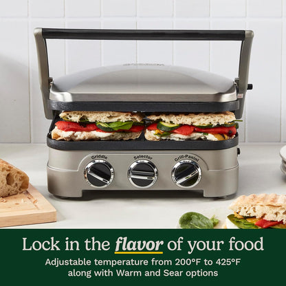 Cuisinart Panini Press and Grill, 1500W 5-in-1 Griddler, Dishwasher-Safe Panini press, sandwich maker & indoor grill with reversible nonstick plates & dual heat control, GR-4NNAS