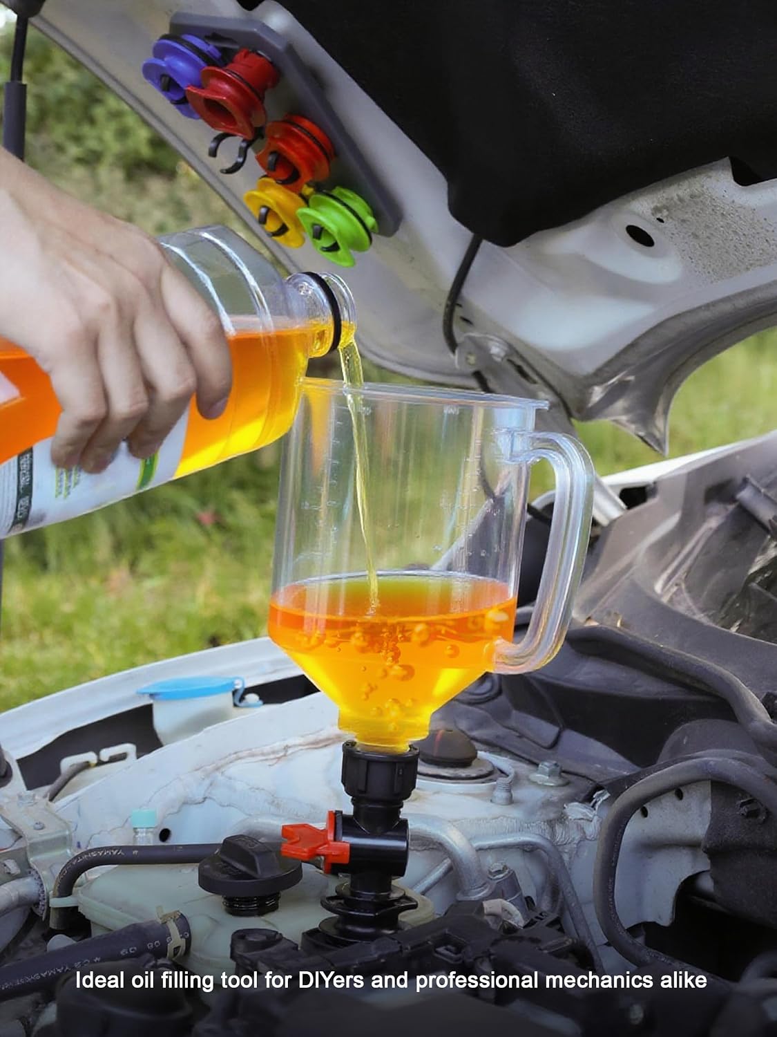 SMART JERRY Engine Oil Funnel Kit, Spill-Proof Oil Change Funnel with 12 Adapters, 1.6-Quart Capacity, Flow Control Valve, Magnetic Organizer Boards & 45° Elbows