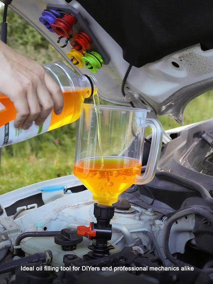 SMART JERRY Engine Oil Funnel Kit, Spill-Proof Oil Change Funnel with 12 Adapters, 1.6-Quart Capacity, Flow Control Valve, Magnetic Organizer Boards & 45° Elbows