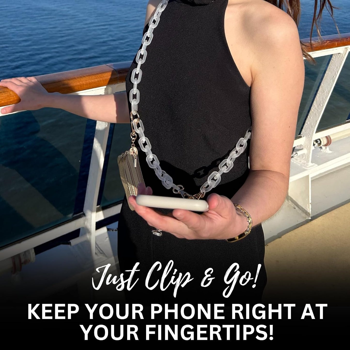 Save the Girls Clip & Go Phone Chain Crossbody with Wallet for Women, White Crossbody Cell Phone Chain Strap with Zippered Wallet Pouch. Adjustable, Anti-Theft Hands-Free Phone Holder for Women.