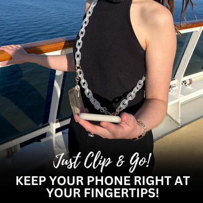 Save the Girls Clip & Go Phone Chain Crossbody with Wallet for Women, White Crossbody Cell Phone Chain Strap with Zippered Wallet Pouch. Adjustable, Anti-Theft Hands-Free Phone Holder for Women.
