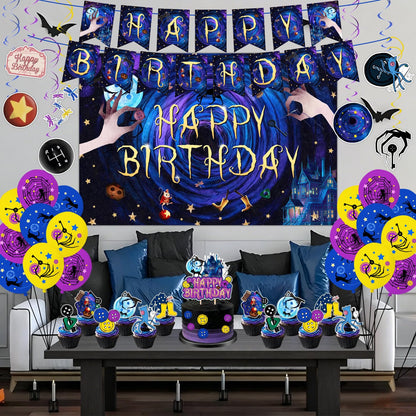 tetcuican 40-Piece Horror Birthday Party Decorations, Blue & Purple Gothic Theme Set with Banner, Balloons, Backdrop, Hanging Swirls, Cake & Cupcake Toppers