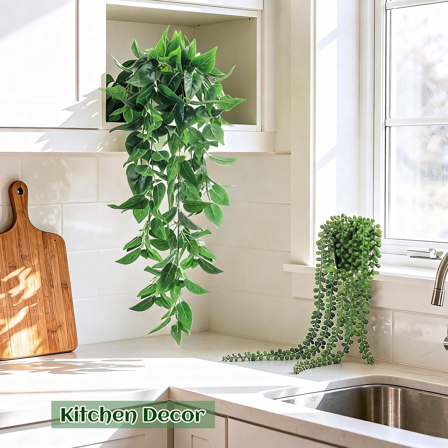 Der Rose 4Pcs Fake Hanging Plants with Lush Cascading Greenery Artificial plants with black pots, 20–34 in long faux vine, for bathroom, kitchen, living room wall, shelf decor indoor