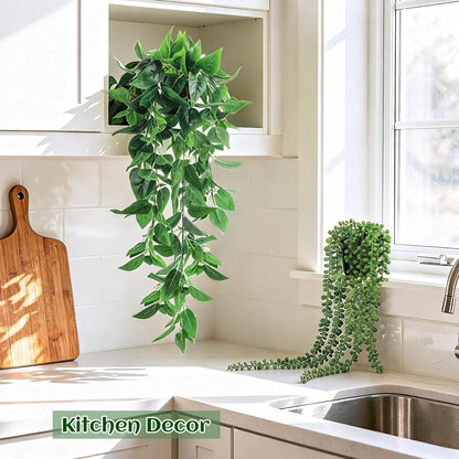 Der Rose 4Pcs Fake Hanging Plants with Lush Cascading Greenery Artificial plants with black pots, 20–34 in long faux vine, for bathroom, kitchen, living room wall, shelf decor indoor