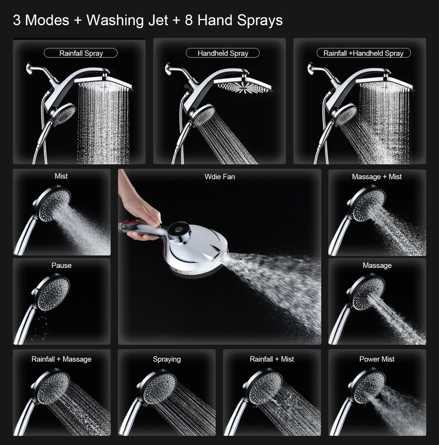 Rain Shower Head with Handheld Showerhead, Chrome 1.8GPM 460311 12" High Pressure Rainfall Shower Heads, 9 Sprays Handheld Showerheads, Magnetic Docking, Power Jets, 59" Shower Hose