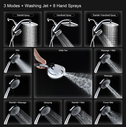 Rain Shower Head with Handheld Showerhead, Chrome 1.8GPM 460311 12" High Pressure Rainfall Shower Heads, 9 Sprays Handheld Showerheads, Magnetic Docking, Power Jets, 59" Shower Hose