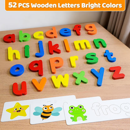 BEESTECH Alphabet ABC Learning Educational Toys for Toddlers, Wooden Letter Matching Game with 28 Flash Cards & 52 Letters, Preschool ABC Learning Toy for Ages 3–4, Gift Set