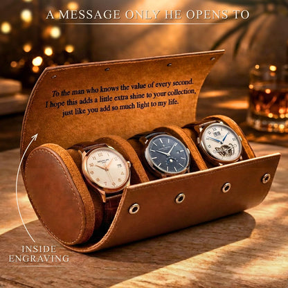 KORDELIA Personalized Leather Watch Case for Men, Custom Engraved Watch Roll & Jewelry Organizer with Velvet Interior, Travel Watch Holder Gift for Him