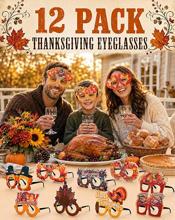 Mega-L 12-Pack Thanksgiving Fall Eyeglasses, Assorted Turkey & Maple Leaf Party Glasses for Adults & Teens, Friendsgiving & Autumn Photo Booth Accessories