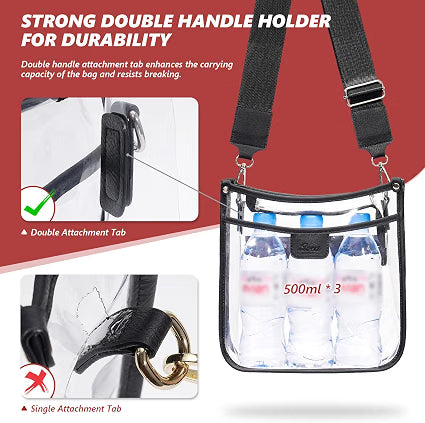 QOECI Clear Stadium Crossbody Bag, Stadium Approved Transparent Purse with 2 Adjustable Straps, 3-Pocket Clear Concert Bag for Sports Events, Brown