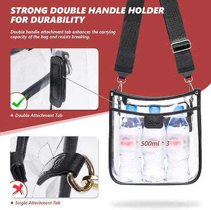 QOECI Clear Stadium Crossbody Bag, Stadium Approved Transparent Purse with 2 Adjustable Straps, 3-Pocket Clear Concert Bag for Sports Events, Brown