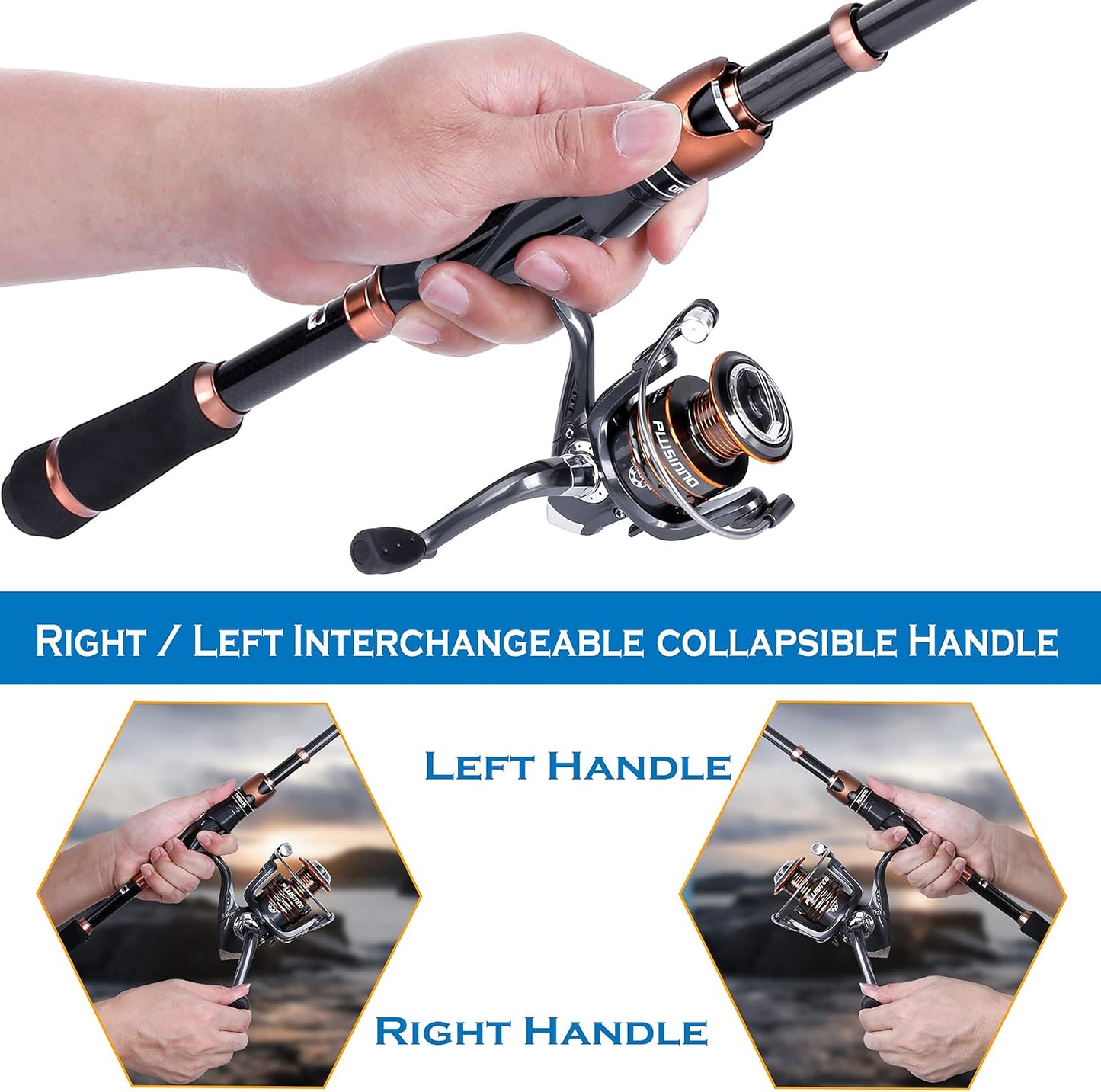 PLUSINNO Bronze Warrior Fishing Rod and Reel Combo, 5.91FT IM6 Carbon Fiber Telescopic Fishing Rod with 12+1 Bearing Spinning Reel, Travel Freshwater Fishing Gear