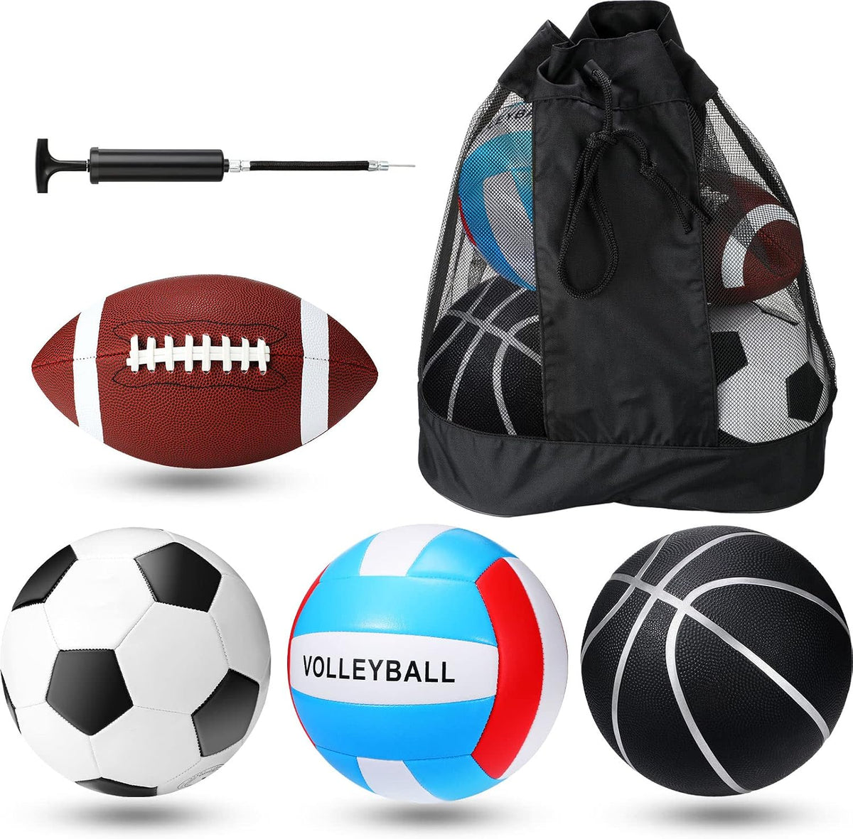 Jerify 4-Piece Sports Ball Set, Soccer Ball, Football, Basketball & Volleyball with Pump, Needle, Extension Tube & Carrying Bag, Official Size for Youth & Family Indoor Outdoor Play