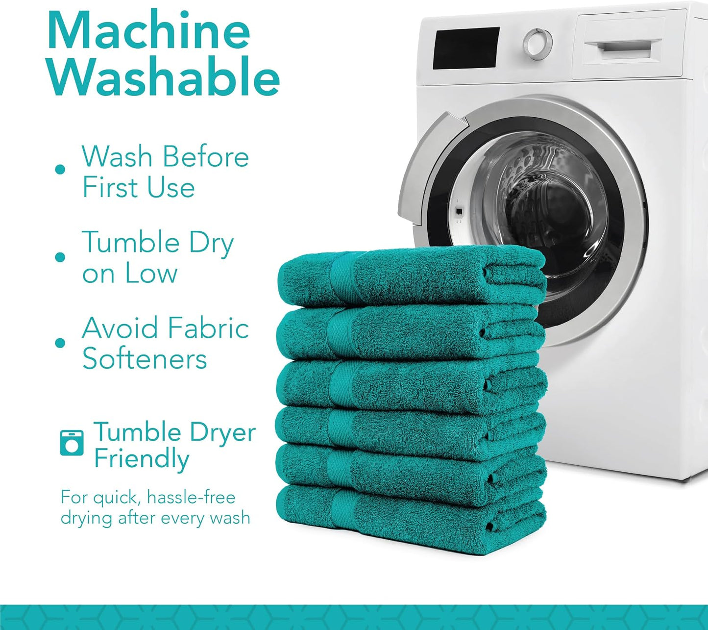 Pleasant Home Bath Towels Set of 6 (24” x 50”) 100% Cotton, Teal
