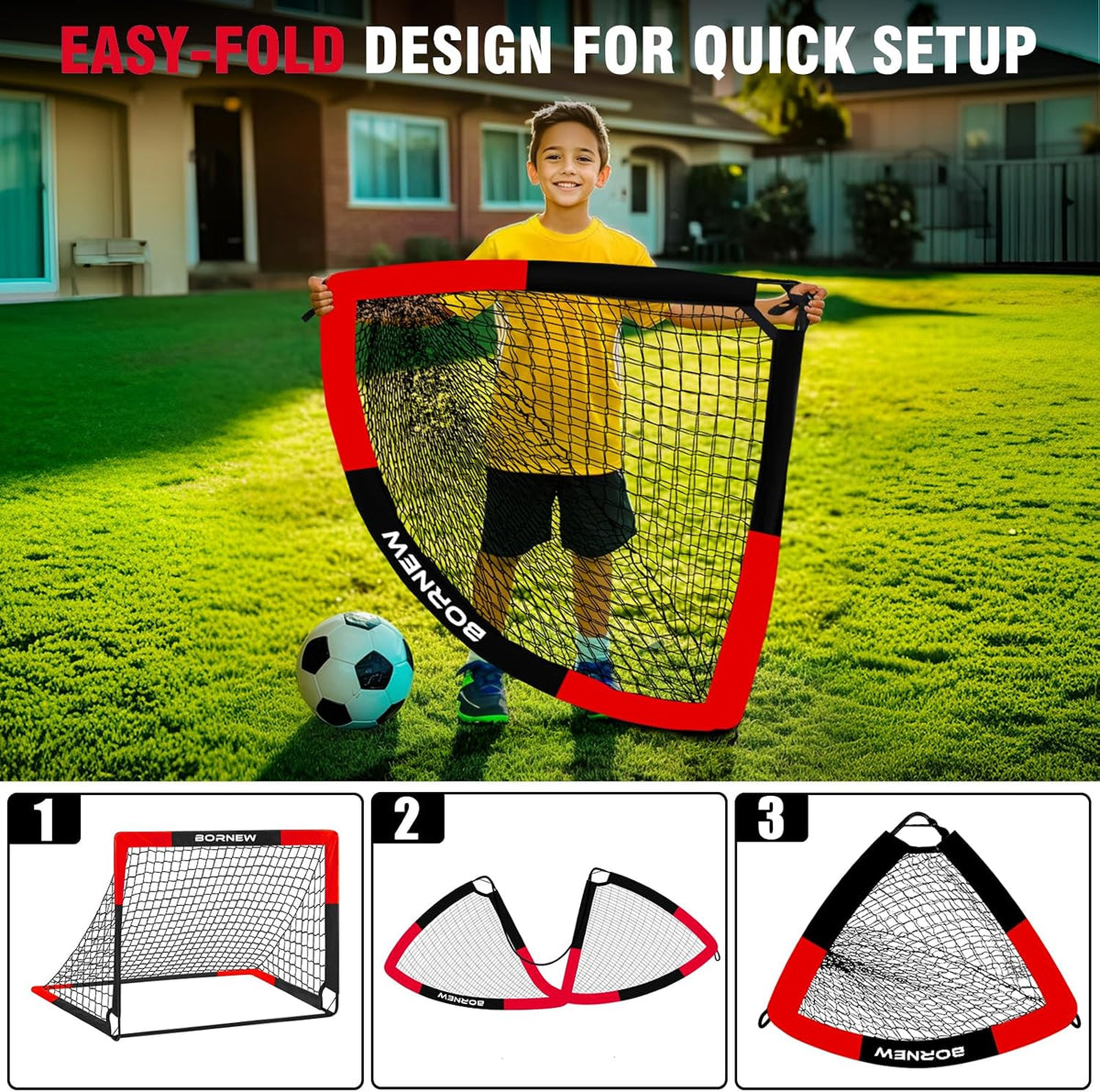 BORNEW 2-Pack Kids Soccer Goals, 4 x 3 FT Portable Pop-Up Soccer Nets with Carrying Bag & 8 Heavy-Duty Ground Stakes, Backyard & Indoor Soccer Training Set