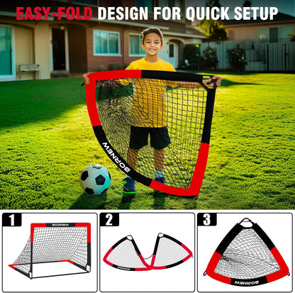 BORNEW 2-Pack Kids Soccer Goals, 4 x 3 FT Portable Pop-Up Soccer Nets with Carrying Bag & 8 Heavy-Duty Ground Stakes, Backyard & Indoor Soccer Training Set