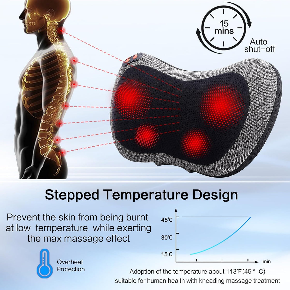 Papillon Back Massager with Heat, Shiatsu Massage Pillow, 3D Deep Tissue Kneading for Neck, Shoulder, Back, Legs & Feet, Gray