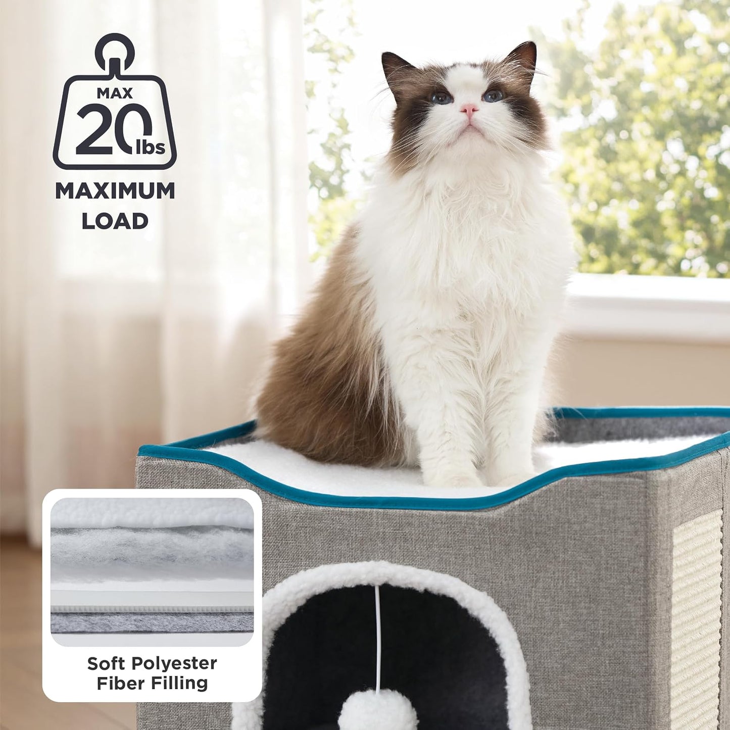 Bedsure Cat House Bed for Indoor Cats, Enclosed Two-Level Cat Cave with Fluffy Hanging Ball and Sisal Scratch Pad, Washable Grey