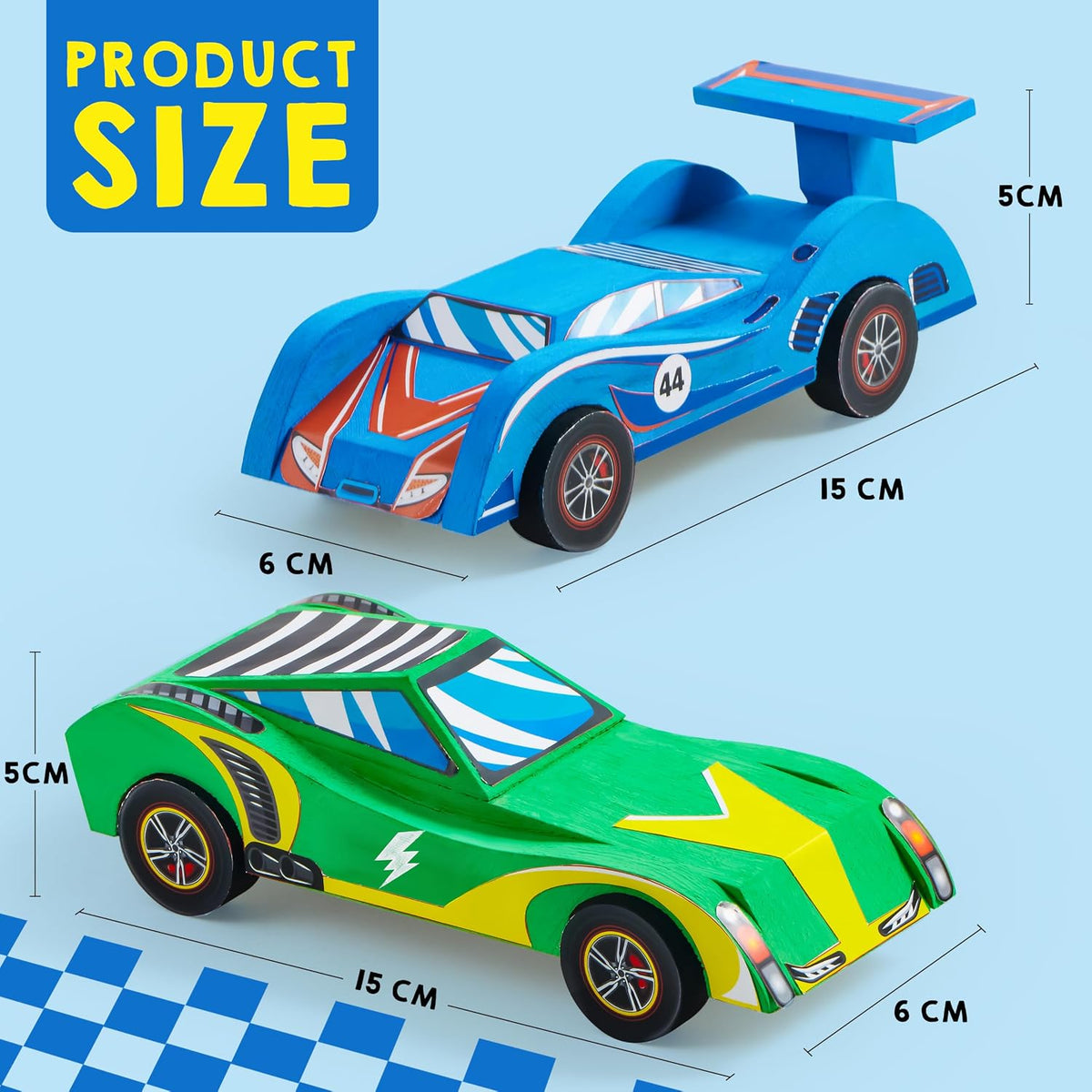 Klever Kits 4 DIY Wooden Race Cars Craft Kit, Build & Paint Your Own Wooden Race Cars, 44-Piece Arts & Crafts Set with Paints, Brushes, Stickers & Glue, Kids Ages 8+, Multicolor