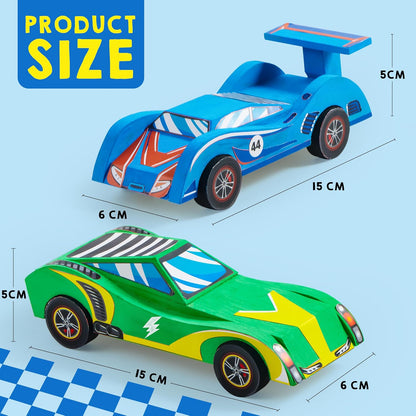 Klever Kits 4 DIY Wooden Race Cars Craft Kit, Build & Paint Your Own Wooden Race Cars, 44-Piece Arts & Crafts Set with Paints, Brushes, Stickers & Glue, Kids Ages 8+, Multicolor