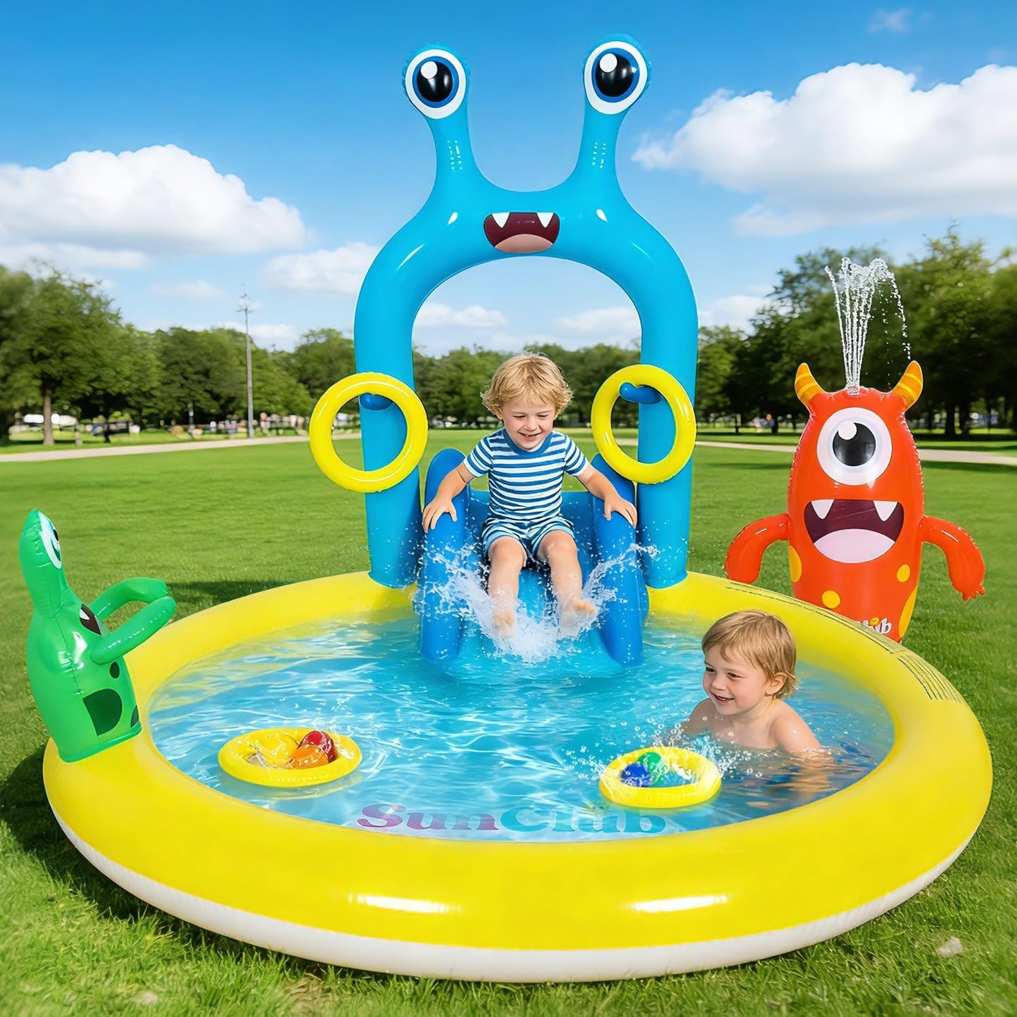 Inflatable Splash Pad for Kids with Monster Sprinkler, Water Slide, Toss Rings & Balls, Outdoor Backyard Water Play Center for Toddlers Ages 2-6