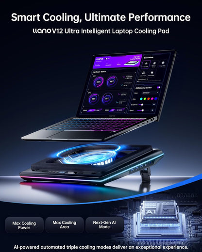 llano V12 Ultra Laptop Cooling Pad with Smart Software Control Laptop Fan Laptop Stand RGB, 5.5" Turbo Fan, Adjustable Speed, 3-Port USB 3.0 Hub, 3 Height Stands, for 15.6"-19" Gaming Laptops, Black